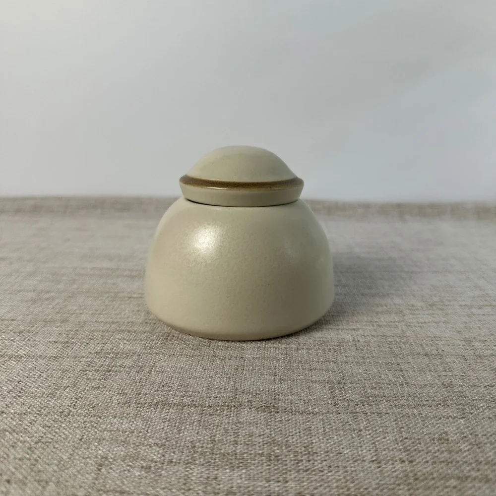 Dansk Santiago White Lidded Sugar Bowl | Cream Beige Ceramic Tan Trim